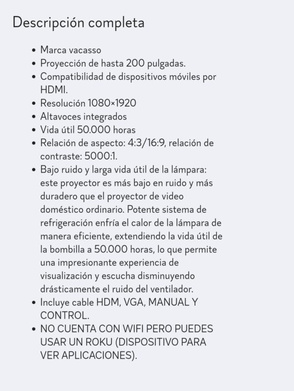 PROYECTOR VACASSO + ROKU COMBO COMPLETO DE VIDEO HD - Imagen 10